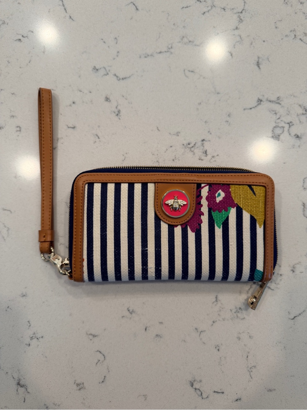 Spartina Striped Canvas Wristlet Wallet with Floral Accent - Tan Trim
